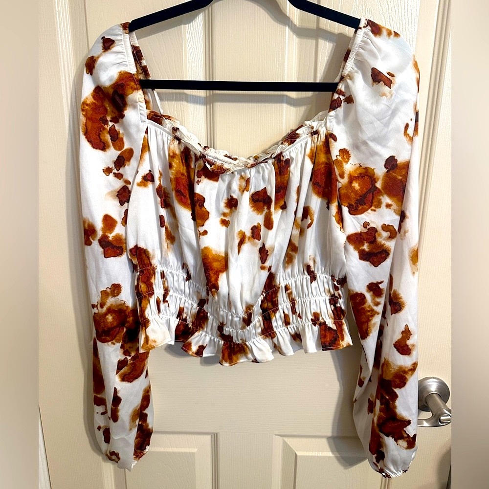 Bar III Abstract Design Long Sleeve Blouse, White w Orange/Brown, Sz L, NWOT